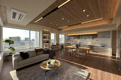Modern living room with open kitchen and city view - Property purchase in Minato City, 2 bedrooms