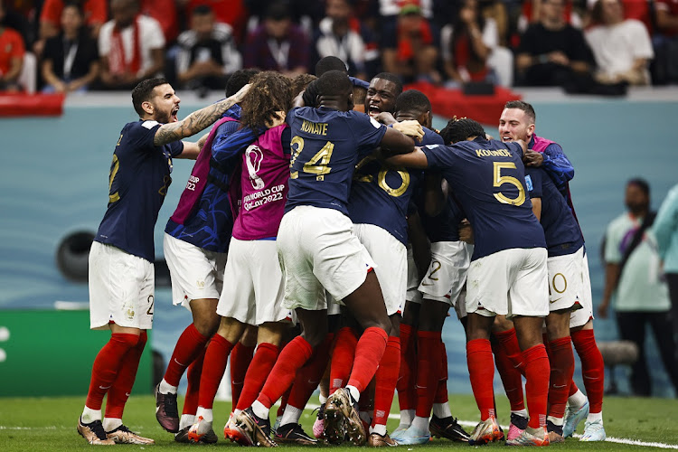 France celebrates Randal Kolo Muani scoring their second goal in the World Cup Qatar semifinal against Morocco at Al Bayt Stadium in Al Khor, Qatar on December 14 2022.