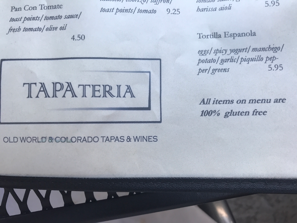 TAPAteria gluten-free menu