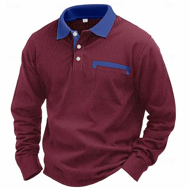 Men's Long-sleeved Waffle Polo Shirt Top. Comfort and style combined. Breathable fabric, perfect for casual wear and eve