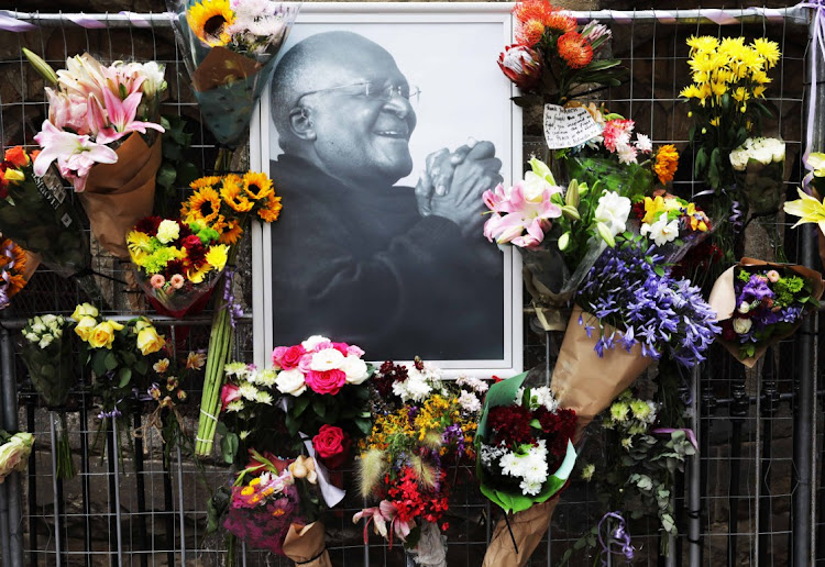 Flowers at St George’s Cathedral in Cape Town pay respect to the late Archbishop Desmond Tutu ahead of his funeral on Saturday.