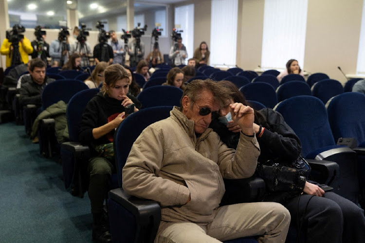 Actor and director Sean Penn attends a press briefing at the presidential office in Kyiv, Ukraine.