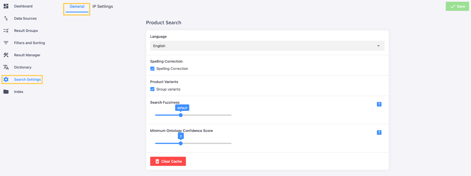 General Search Settings tab with the Product Search field open