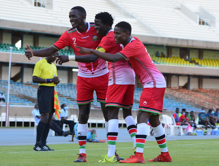 Rising stars' Frank Odhiambo, Nicholas Omondi and Boniface Mwangemi celebrate during their friendly match against Sudan at at Moi Stadium, Kasarani on November 2,2020. PHOTO; FILE