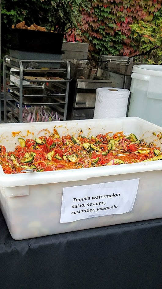 Gabriel Rucker of Le Pigeon and Little Bird gave us a French Indian take with his Hot chicken with vaudovan seasonings (and white bread and pickles) along with Salad Sauce and Tequila watermelon salad with sesame cucumber and jalapeno at Feast PDX Go Get You Some Picnic