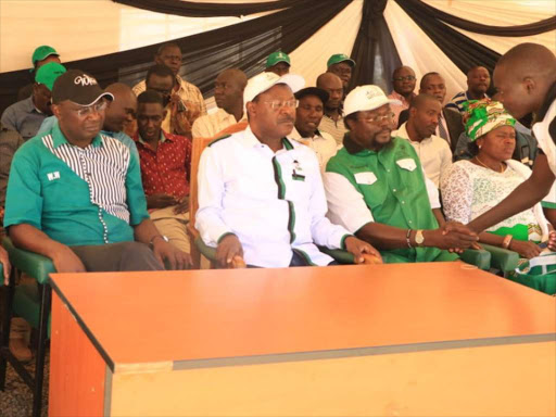 Ford Kenya party leaders lead by Moses Wetang’ula and secretary General Eseli Simiyu at H Young area in Kanduyi constituency on Sunday during a delegates meeting/Brian Ojamaa