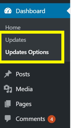 Image showing where to configure your update options in WordPress menu. How to disable WordPress auto update