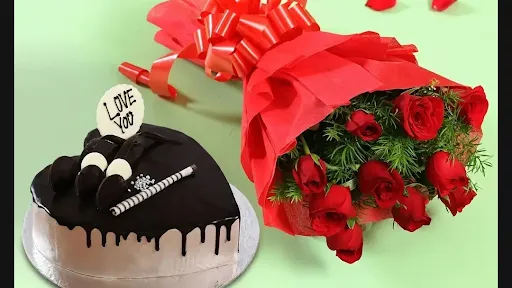 Chocolate Cream Heart Shape Cake With 10 Rose Red Bunch