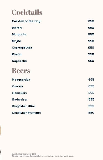 Lounge - Taj Wellington Mews menu 