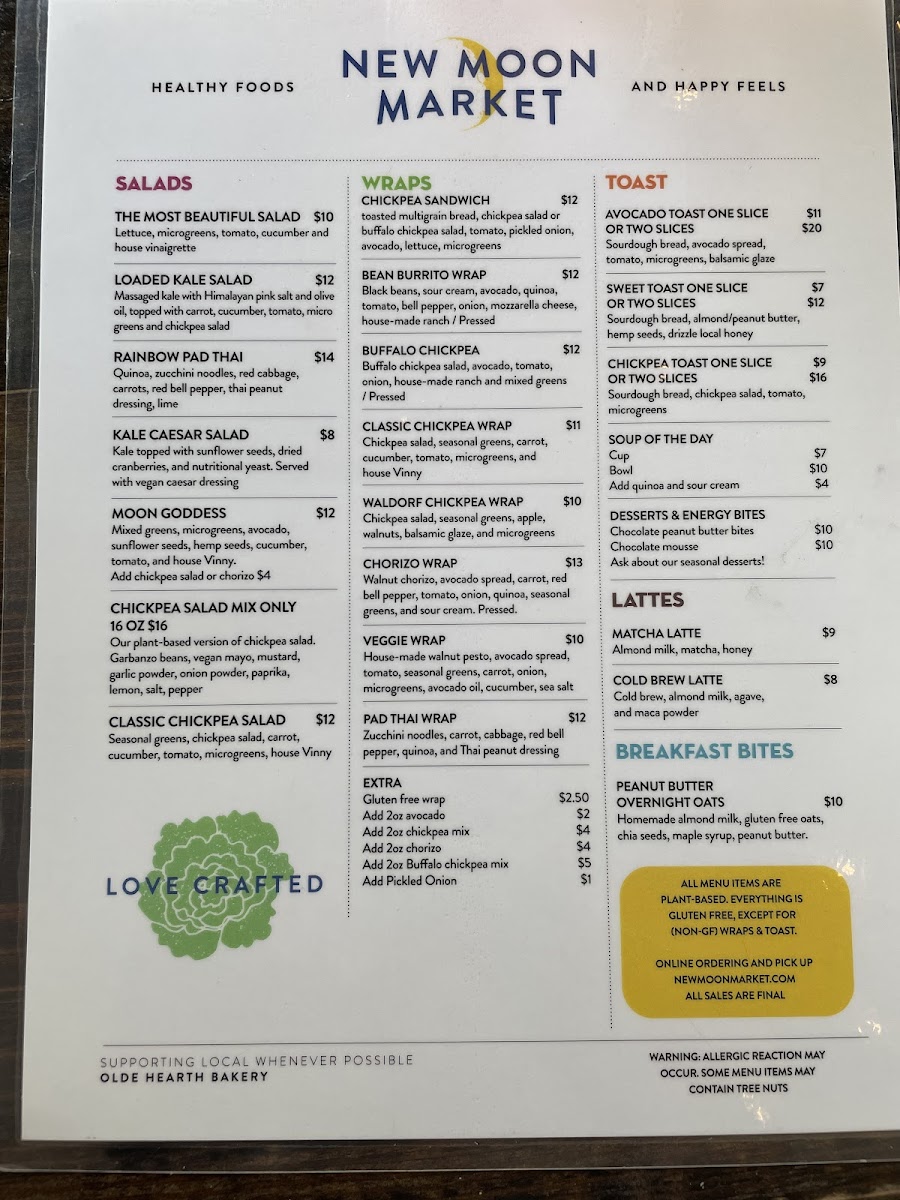 New Moon Market Juice Bar gluten-free menu