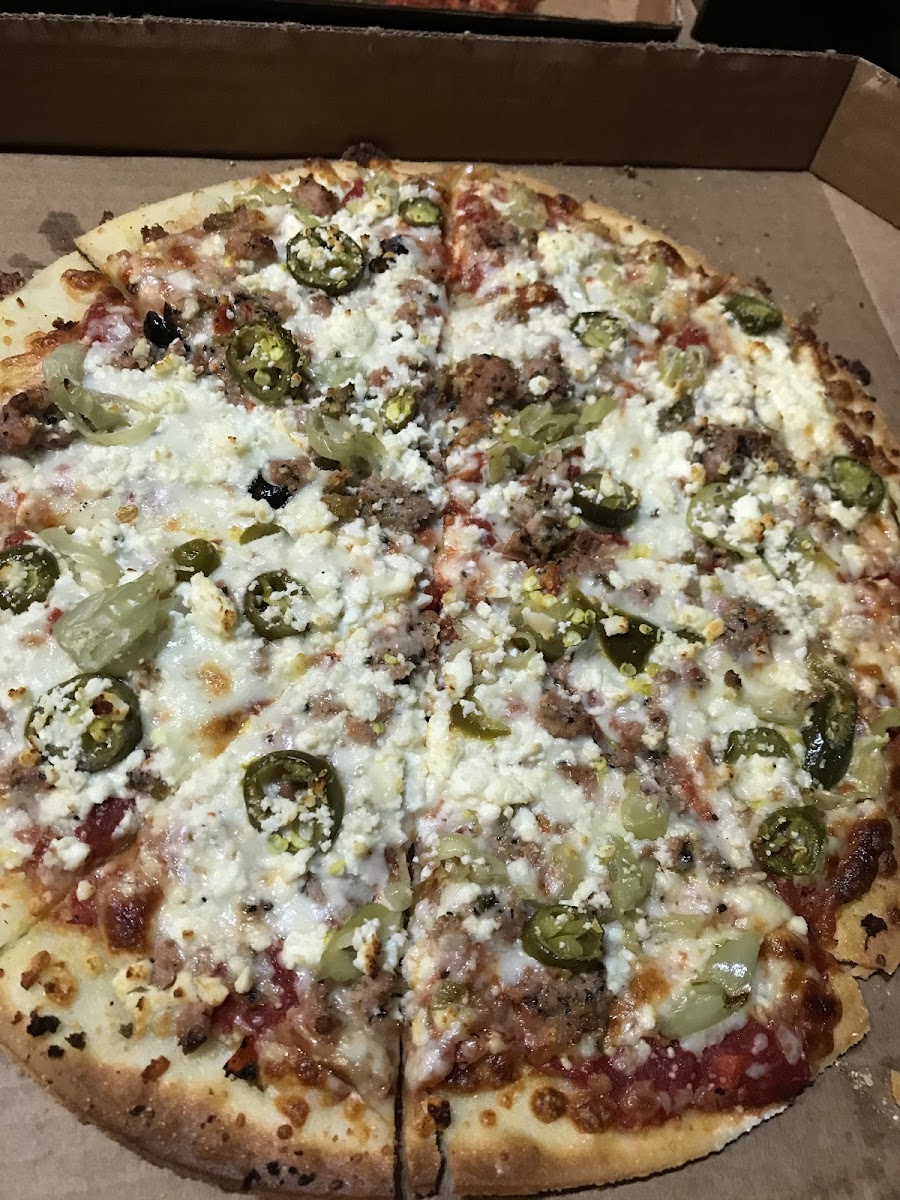 Feta, jalapeño, pepperoncini and local pork sausage