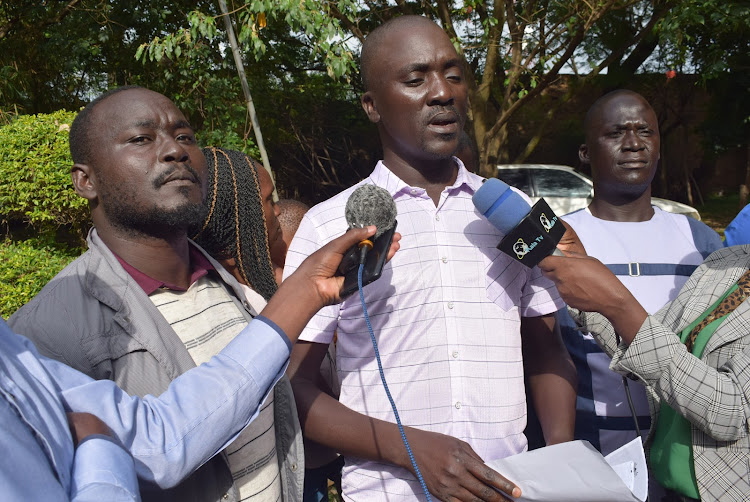 Homa Bay ECD chairman Michael Odera speaks to journalists in Homa Bay on March 4,2024