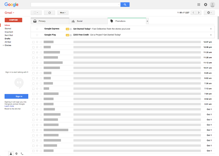 Collapsed Gmail ads in an inbox
