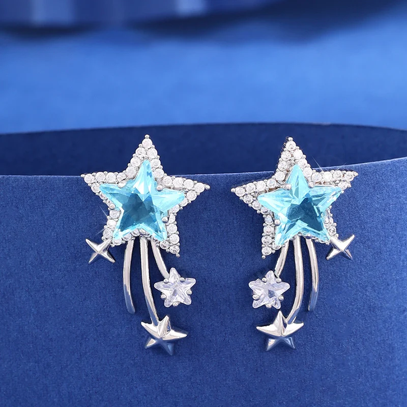 Boucles d'oreilles étoiles bleues avec micro-incrustations diamants complets, un bijou éclatant pour femmes, style et élégance, cadeau idéal.