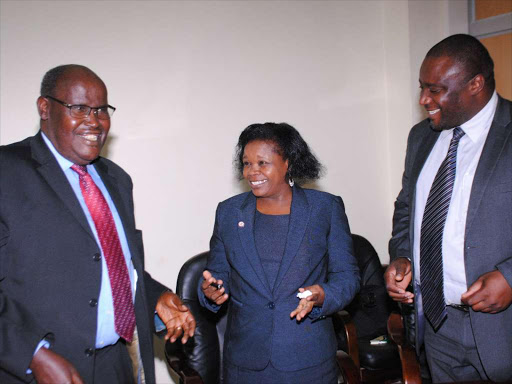 WATCH YOUR MOUTH: IRC lead consultant judge Lee Muthoga, Registrar of Political Parties Lucy Ndung’u and KSL representative Kefa Simiyu in Nairobi yesterday.