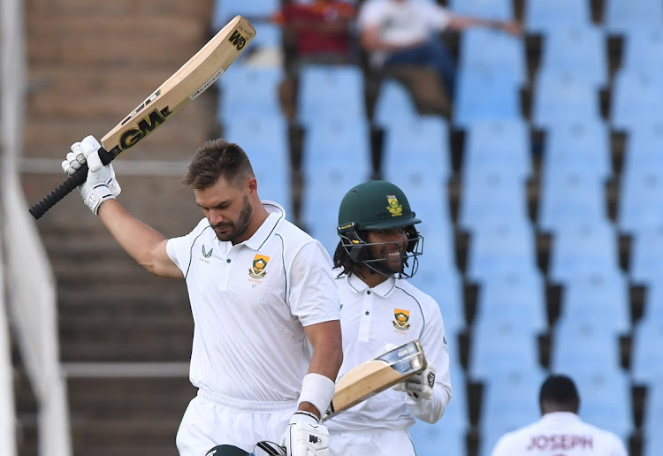 Aiden Markram of South Africa celebrates his 100 on day one of the first Test against West Indies at SuperSport Park in Centurion on February 28 2023.