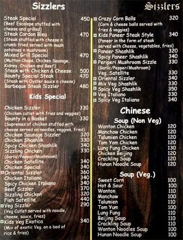 The Bounty Sizzlers menu 