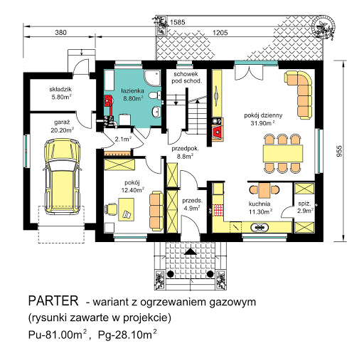 BW-51 wariant 1 - Rzut parteru - propozycja adaptacji - wariant z ogrzewaniem gazowym