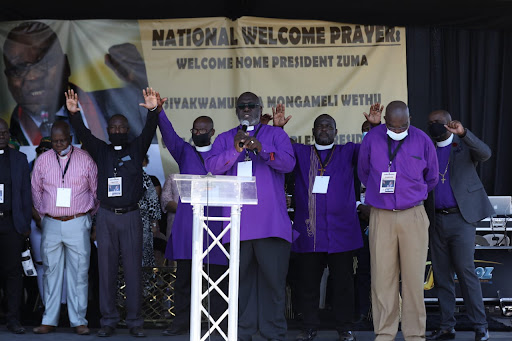 Religious leaders lead a prayer service for former president Jacob Zuma at the People’s Park in Moses Mabhida Stadium in Durban.