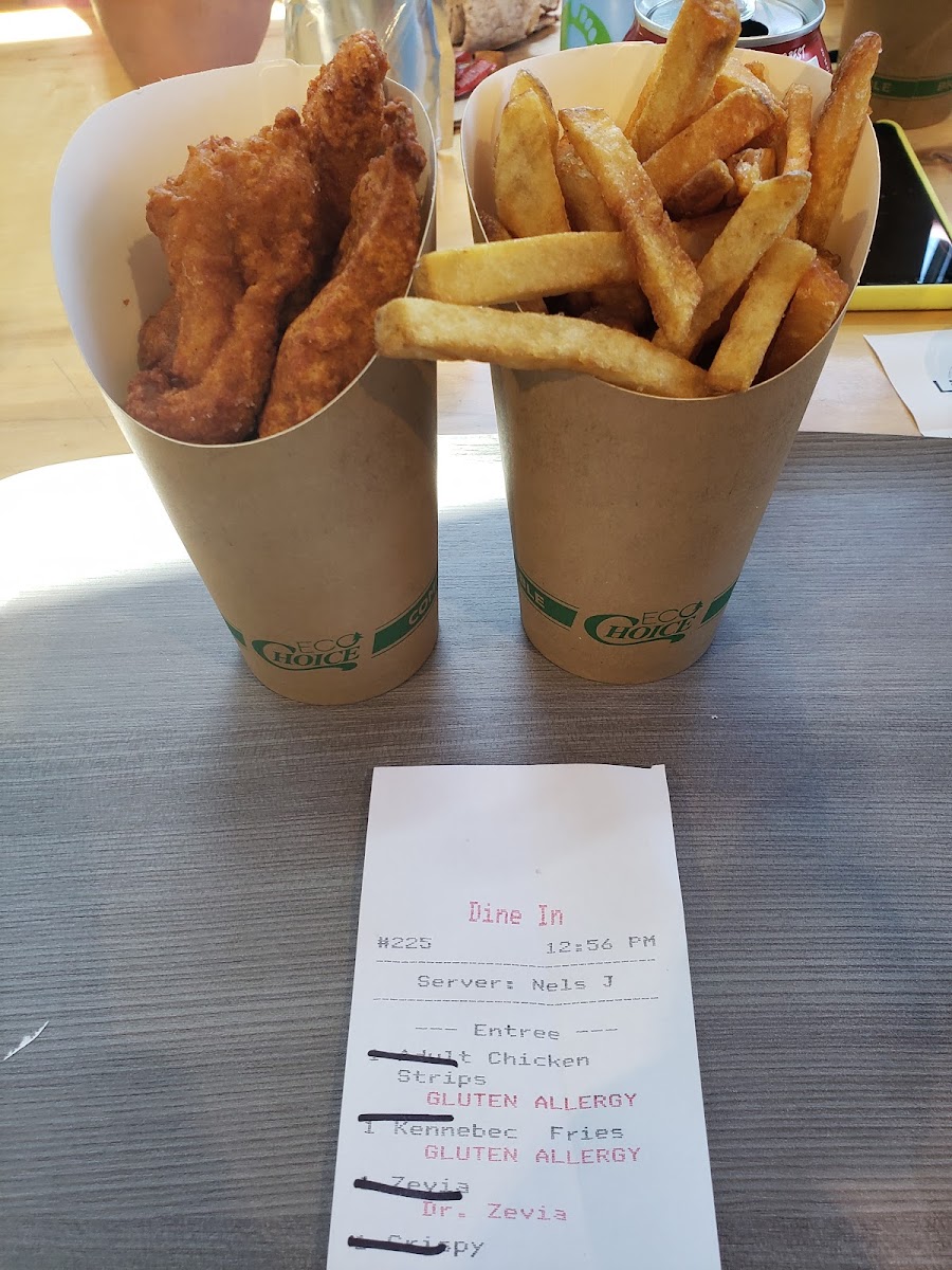 GF chicken nuggets and fries in dedicated fryers