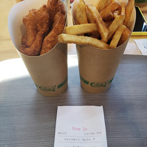 GF chicken nuggets and fries in dedicated fryers