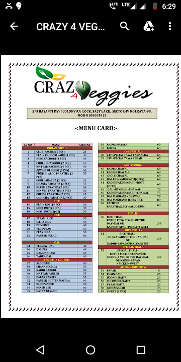 Crazy 4 Veggies menu 