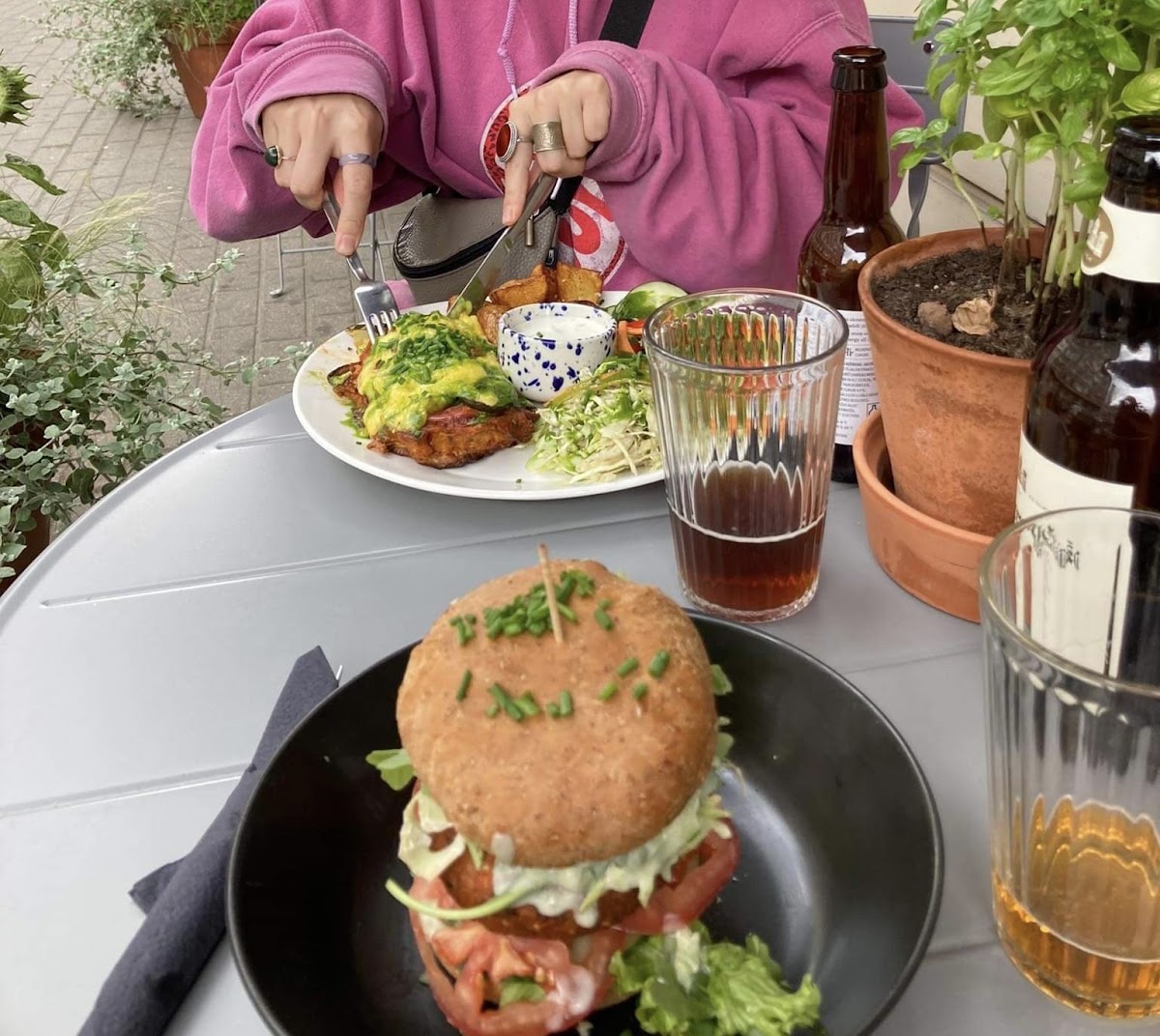 Falafel burger (non gluten-free) and gluten-free schnitzel.