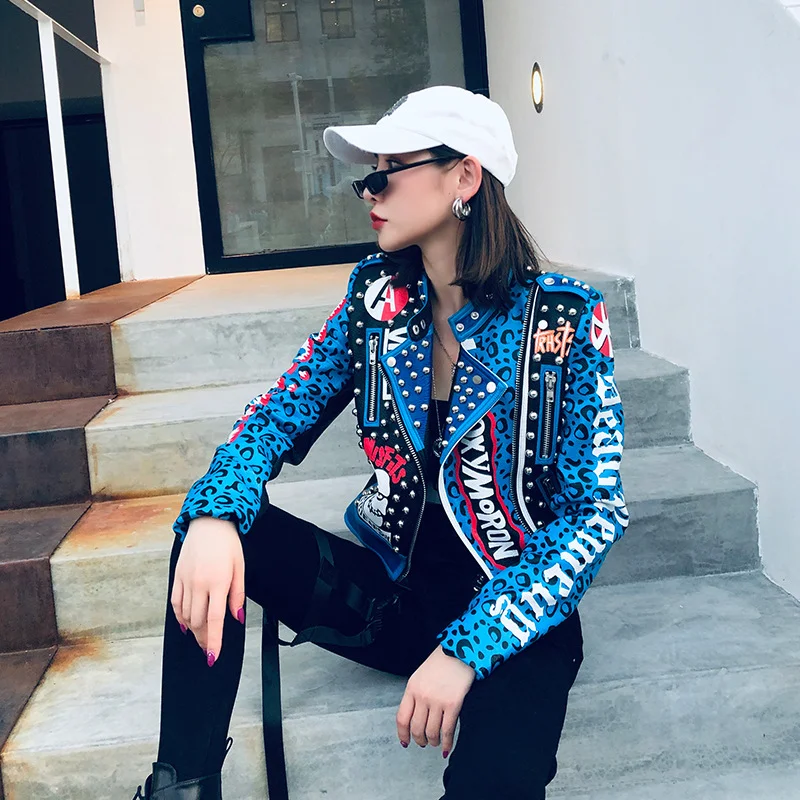 Graffiti estampado estampado chaqueta de cuero recortada delgada