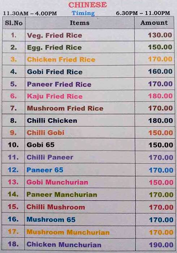 Sri Sai Andhra Mess menu 