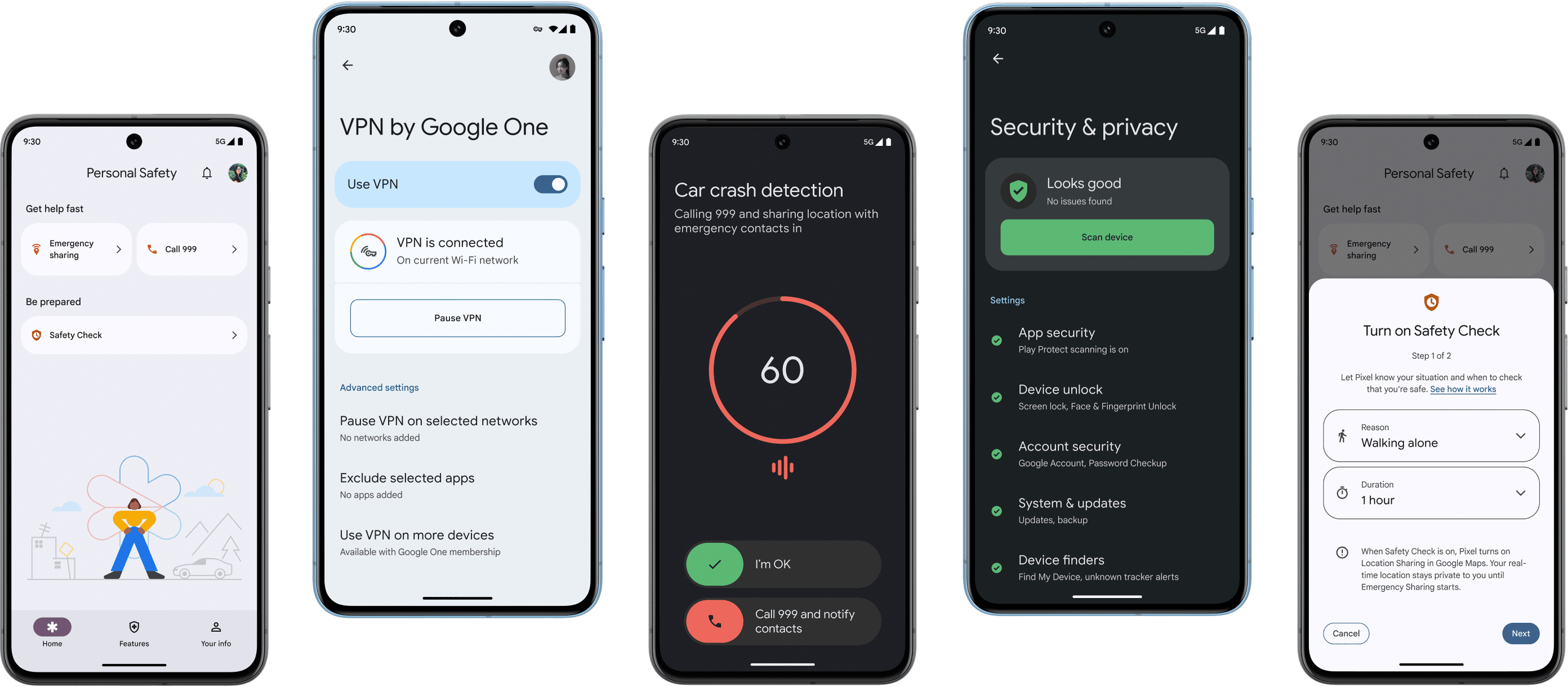 Five Pixel 8a devices all displaying different safety and security features.