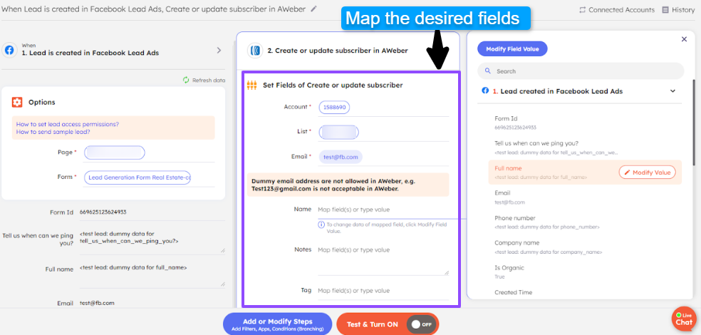 Integrately's field mapping page for Facebook Lead Ads + AWeber integration.