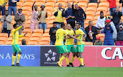 Themba Zwane celebrating his goal with team mates during the FIFA 2018 World Cup, Qualifier match between South Africa and Burkina Faso at FNB Stadium on October 07, 2017 in Johannesburg.