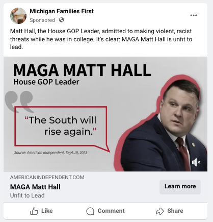 Facebook post from Michigan Families First about the MAGA Matt Hall graphic from the American Independent
