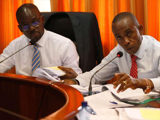 Senators Kimani Wamatangi and Moses Kajwang of the Senate Public Accounts and Investments Committee during investigation of the Sh3.3 billion disputed land deal in Ruaraka where Ruaraka Secondary and Drive in Primary schools sit. May 14, 2018. Photo/Jack Owuor