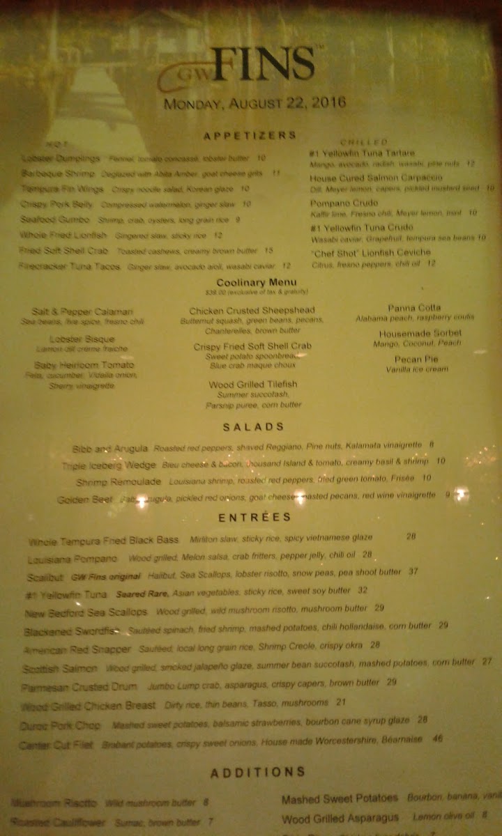 GW Fins gluten-free menu