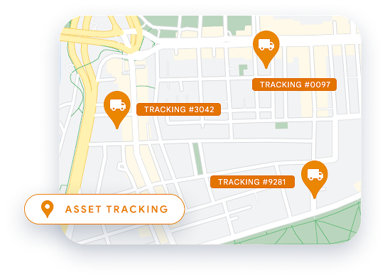 Entregador de pacotes com mapa mostrando a localização de três caminhões de entrega numerados