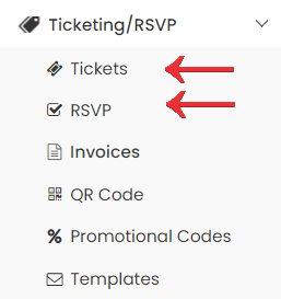 print screen of the Ticketing menu, with the Tickets and RSVP submenus 