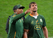 Springboks Marvin Orie, left, and Eben Etzebeth during the match against Wales at Cape Town's DHL Stadium on July 16 2022.