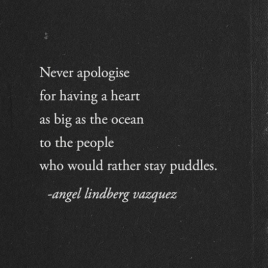 May be an image of text that says 'Never apologise for having a heart as big as the ocean to the people who would rather stay puddles. -angel lindberg vazquez'