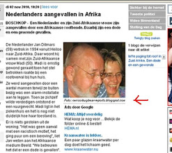 Photo: Dutch Ditmars couple attacked on Boschkop smallholding, Pretoria. Mrs Ditmars shot back in self-defence, killing one attacker and injuring a second one. She was admitted to hospital, notes this Dutch news report in De Telegraaf, 2 November 2010.