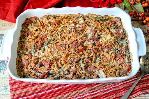 Delectable Bacon & Mushroom Green Bean Casserole ready to serve.