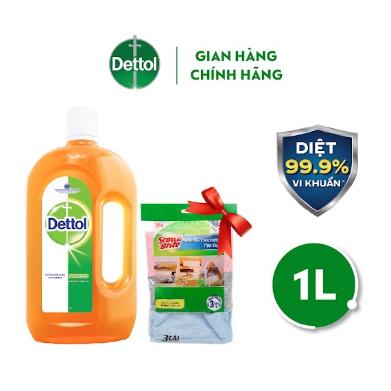 Dung Dịch Diệt Khuẩn Đa Năng Dettol 1L Tặng 1 Gói Khăn Lau Chùi 3M - 3 Cái