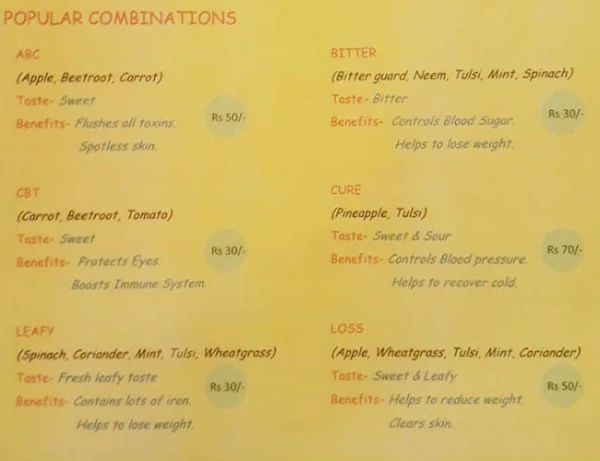 Organic Vegan Fresh Juices menu 