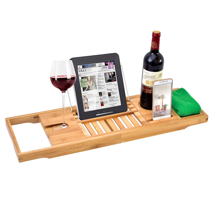 Bandeja criativa de bambu para banheira com laterais extensíveis, suporte para leitura, tablet, celular e taça de vinho.