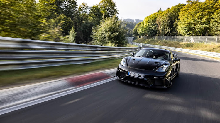 The soon-to-be-released Porsche 718 Cayman GT4 RS in action around the Nürburgring-Nordschleife.