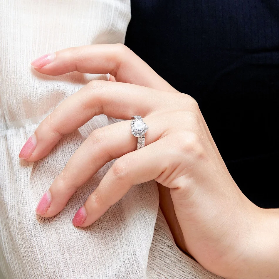 Bague Combinée en Forme de Coeur en Argent Sterling 925 pour Femme