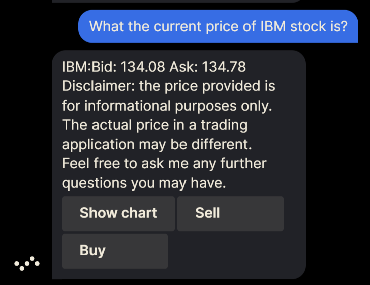 Devexa - AI chatbot transforming the financial markets and ></figure>
<p>ChatGPT’s responses are currently informed by training data from the Internet that cuts off in 2021, which is why it’s not able to provide you with live asset prices at the moment.</p>
<p>On the other hand, when you ask Devexa what the current price of IBM stock is, you’ll get this:</p>
<figure class=