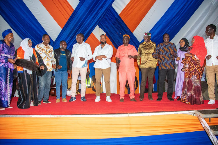 Azimio la Umoja leaders led by Raila Odinga during the Ceremony of Installation of Fredrick Owili as chief of Seme in Migori County on May 18, 2024.