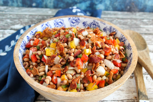 A large bowl of Black-Eyed Pea Salad.