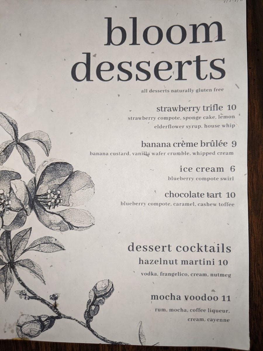 Bloom gluten-free menu